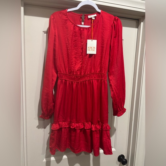 Women’s satin red long sleeve dress with ruffles - Picture 3 of 4